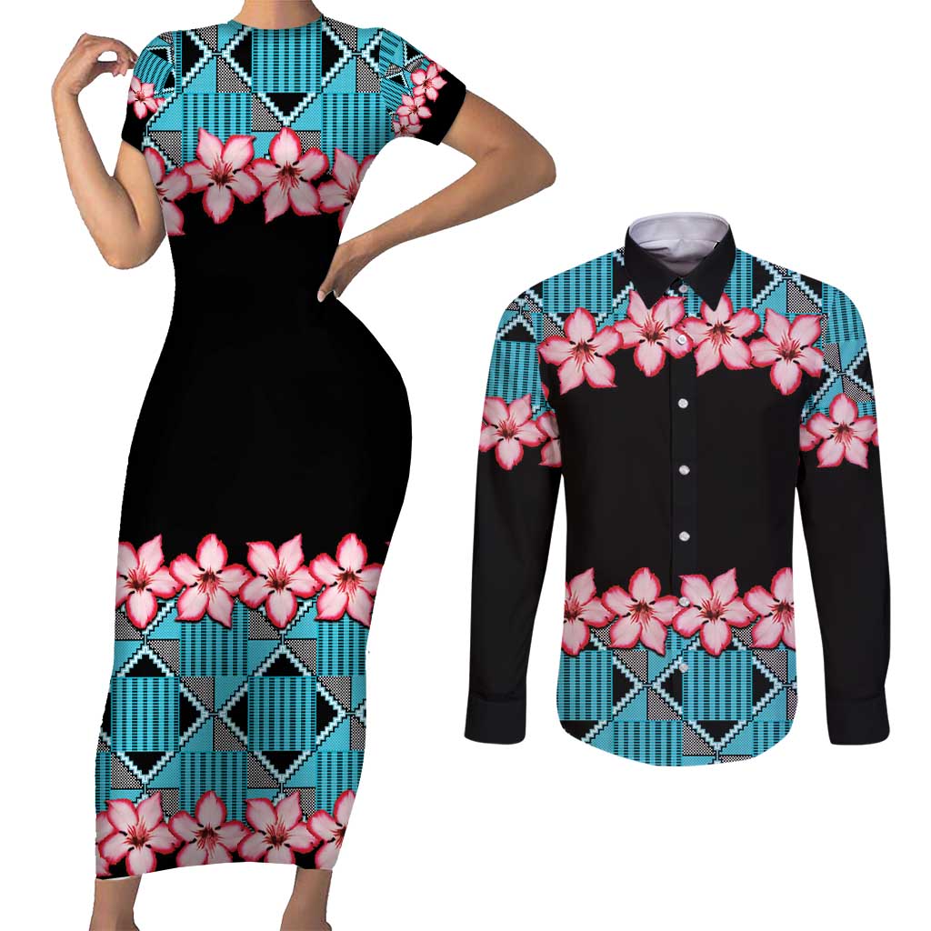 African Adenium Multiflorum Flowers Couples Matching Short Sleeve Bodycon Dress and Long Sleeve Button Shirt with Kente Style LT9 - Wonder Print Shop