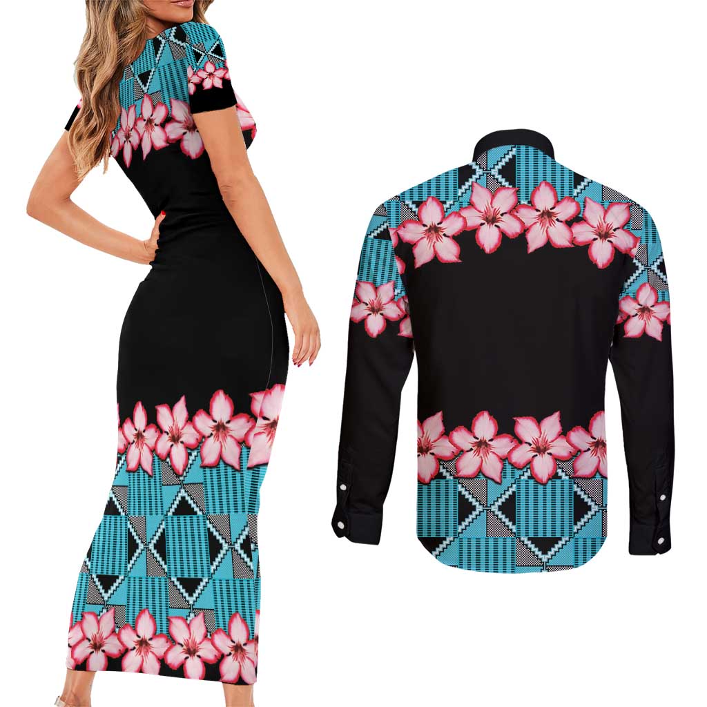 African Adenium Multiflorum Flowers Couples Matching Short Sleeve Bodycon Dress and Long Sleeve Button Shirt with Kente Style LT9 - Wonder Print Shop