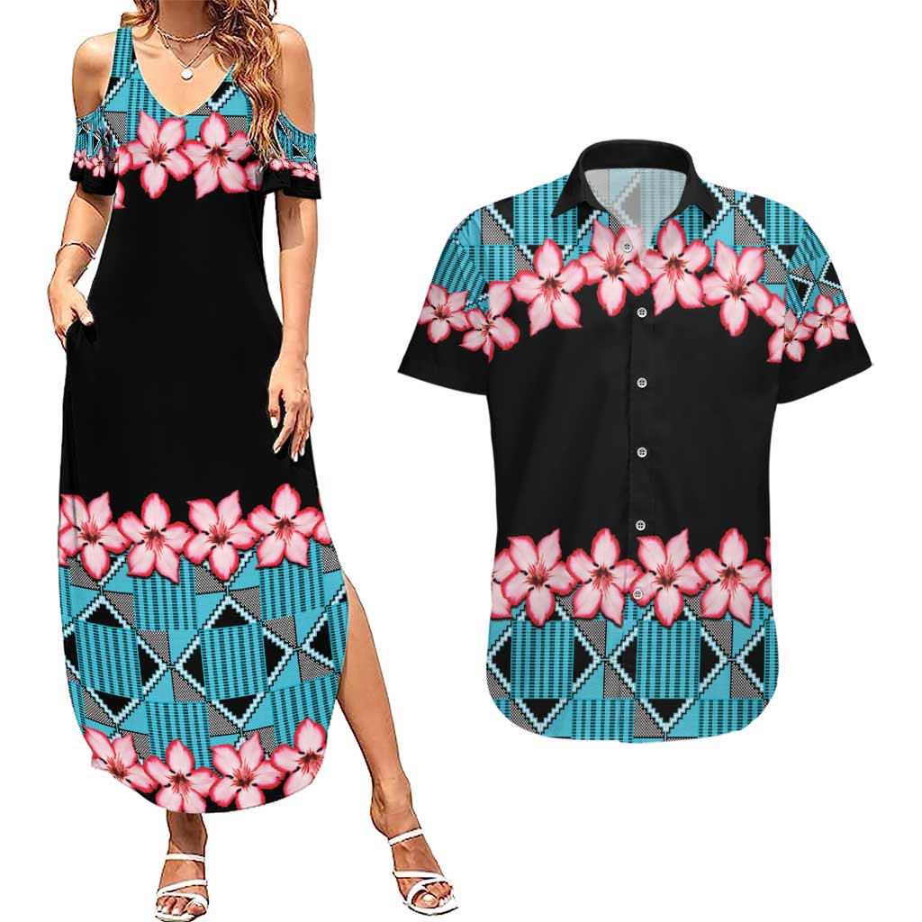 African Adenium Multiflorum Flowers Couples Matching Summer Maxi Dress and Hawaiian Shirt with Kente Style LT9 - Wonder Print Shop