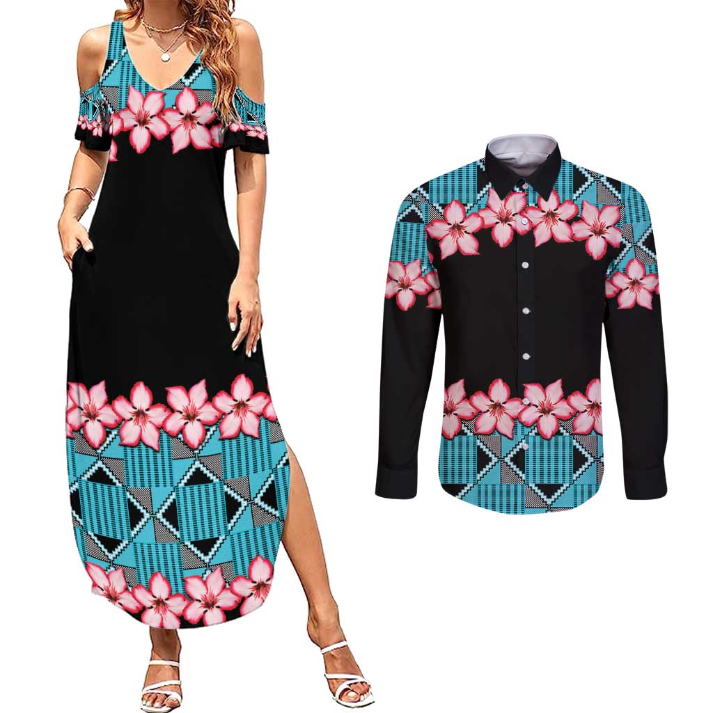African Adenium Multiflorum Flowers Couples Matching Summer Maxi Dress and Long Sleeve Button Shirt with Kente Style LT9 - Wonder Print Shop