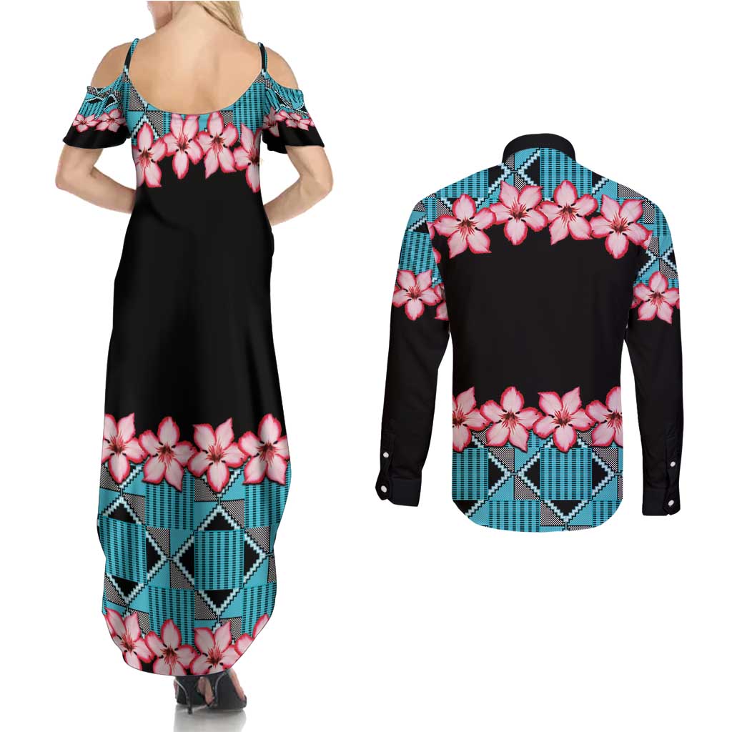 African Adenium Multiflorum Flowers Couples Matching Summer Maxi Dress and Long Sleeve Button Shirt with Kente Style LT9 - Wonder Print Shop