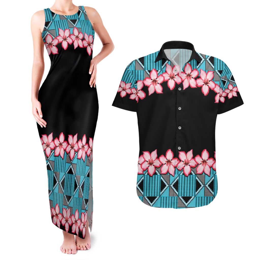 African Adenium Multiflorum Flowers Couples Matching Tank Maxi Dress and Hawaiian Shirt with Kente Style LT9 - Wonder Print Shop