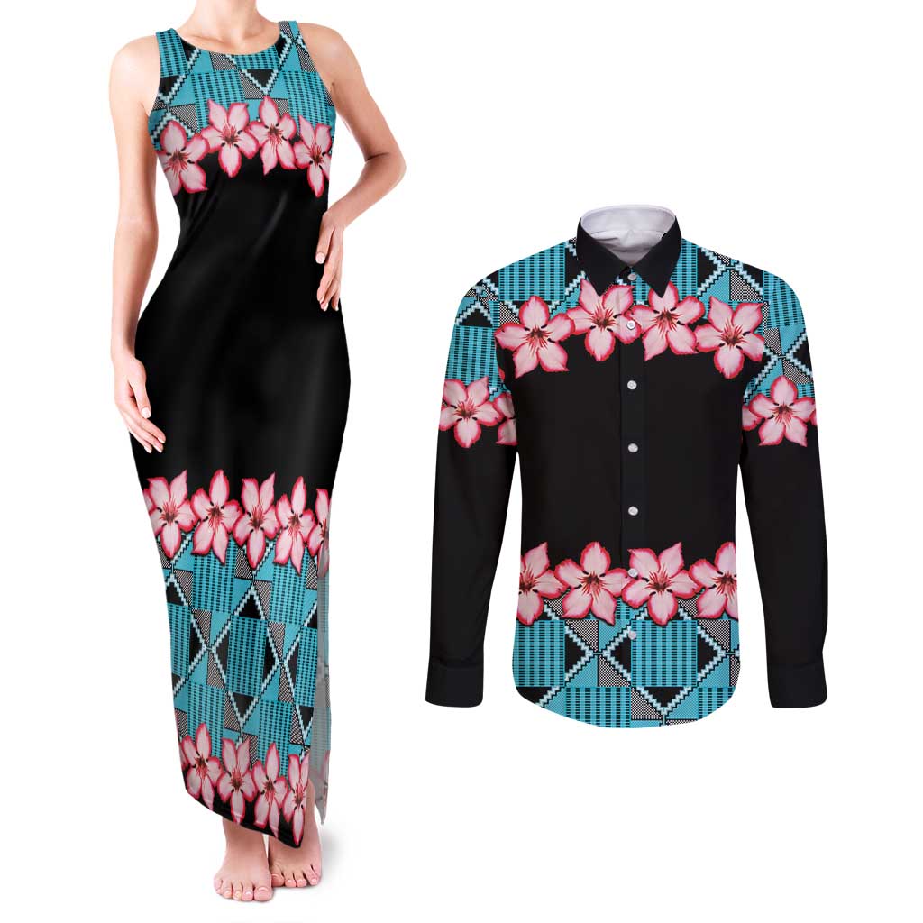 African Adenium Multiflorum Flowers Couples Matching Tank Maxi Dress and Long Sleeve Button Shirt with Kente Style LT9 - Wonder Print Shop