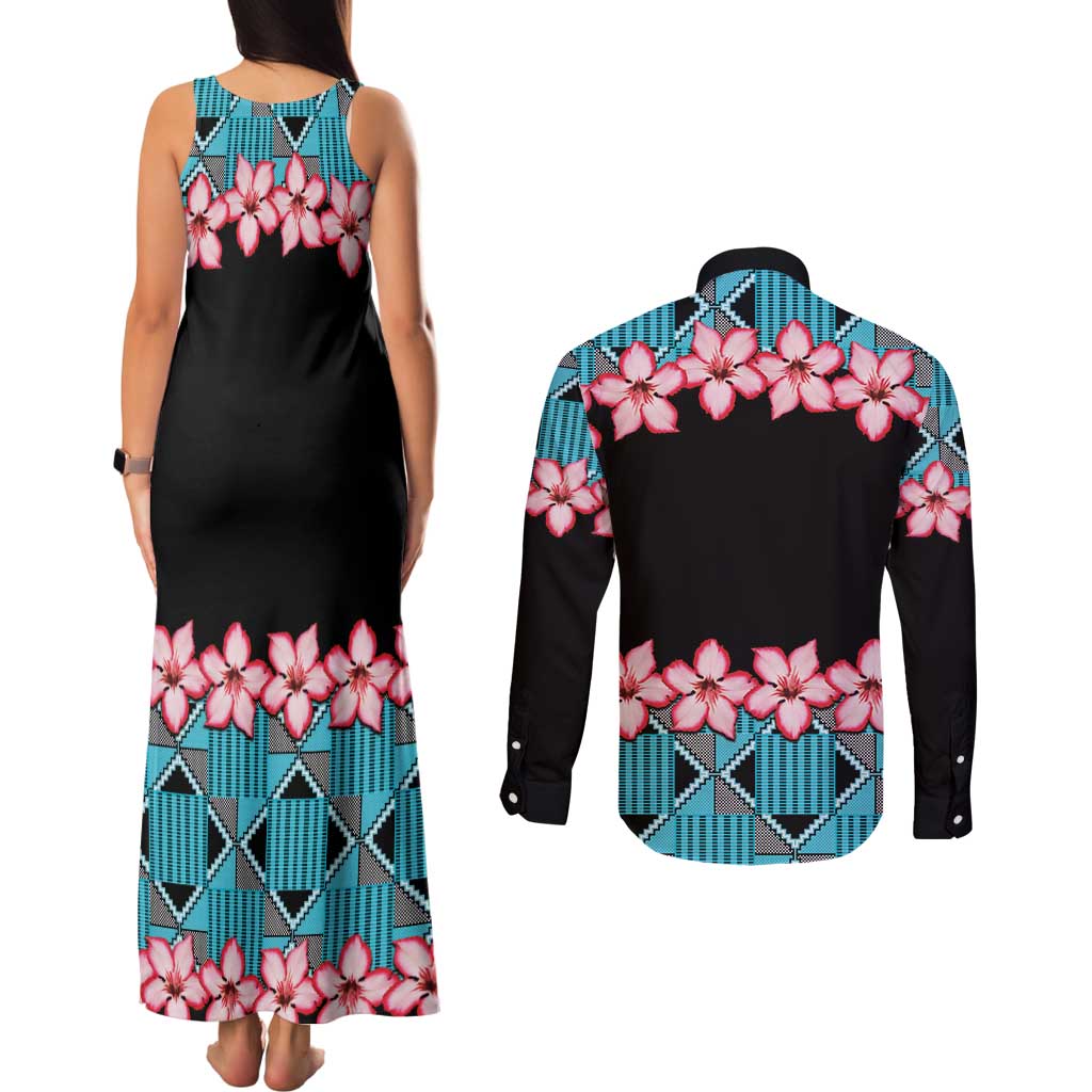 African Adenium Multiflorum Flowers Couples Matching Tank Maxi Dress and Long Sleeve Button Shirt with Kente Style LT9 - Wonder Print Shop