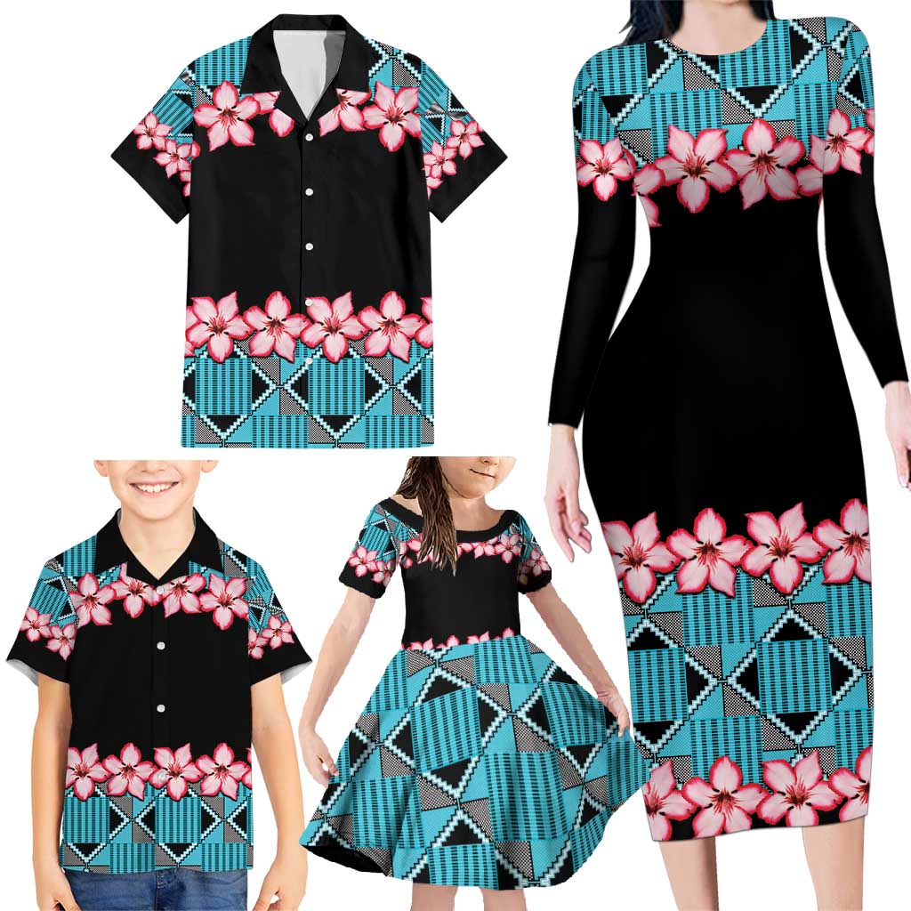 African Adenium Multiflorum Flowers Family Matching Long Sleeve Bodycon Dress and Hawaiian Shirt with Kente Style LT9 - Wonder Print Shop