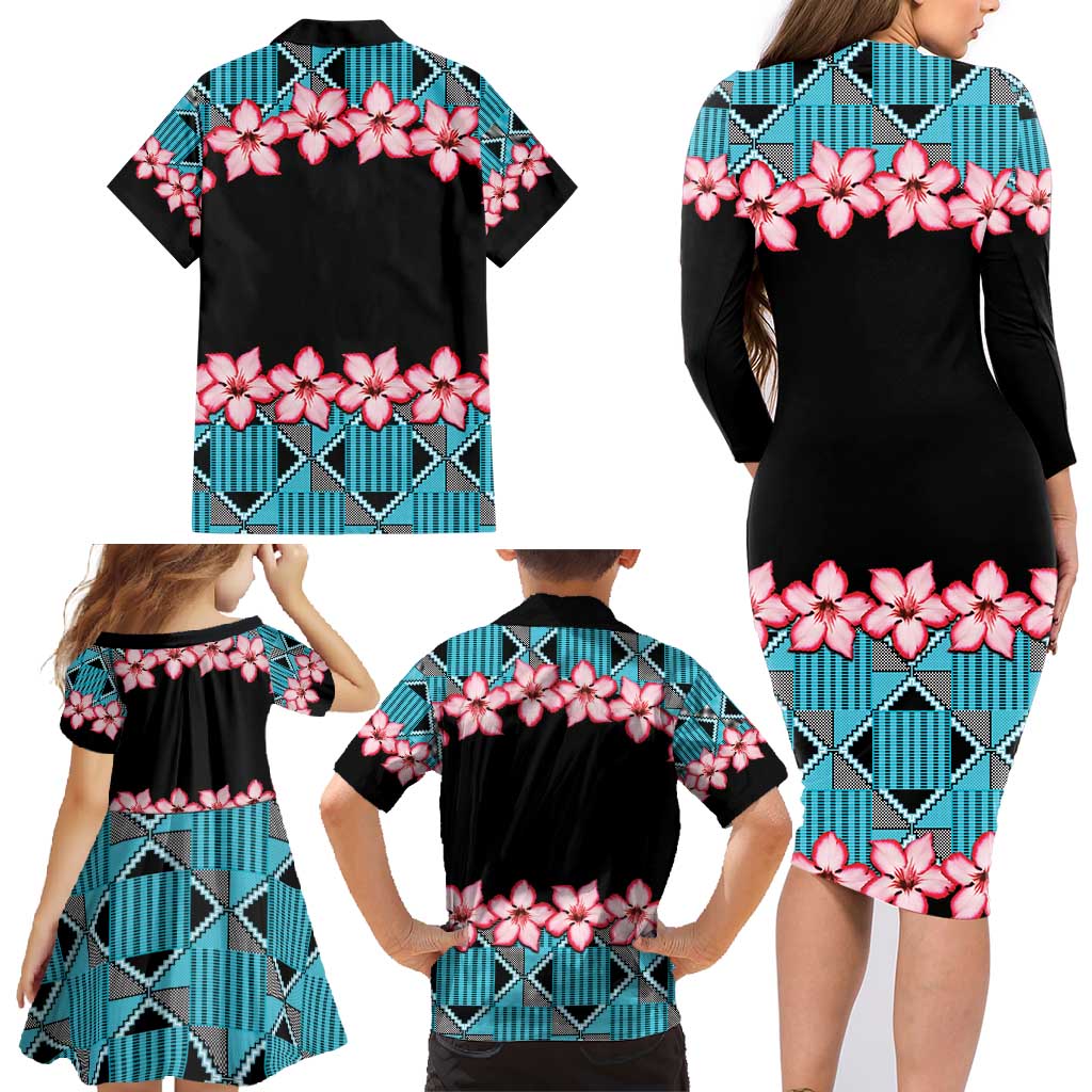 African Adenium Multiflorum Flowers Family Matching Long Sleeve Bodycon Dress and Hawaiian Shirt with Kente Style LT9 - Wonder Print Shop