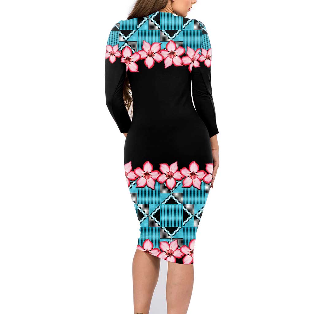 African Adenium Multiflorum Flowers Family Matching Long Sleeve Bodycon Dress and Hawaiian Shirt with Kente Style LT9 - Wonder Print Shop