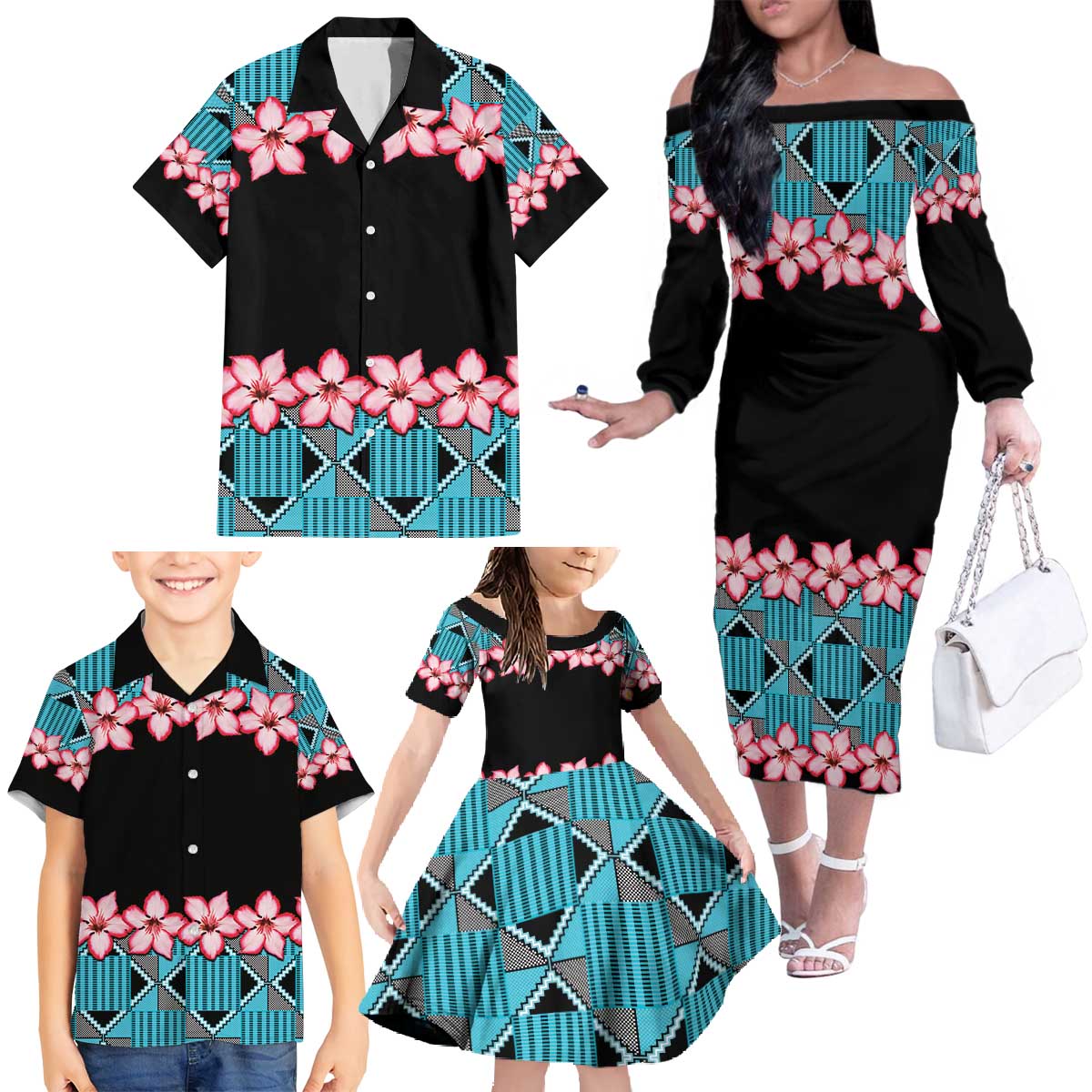 African Adenium Multiflorum Flowers Family Matching Off The Shoulder Long Sleeve Dress and Hawaiian Shirt with Kente Style - Wonder Print Shop