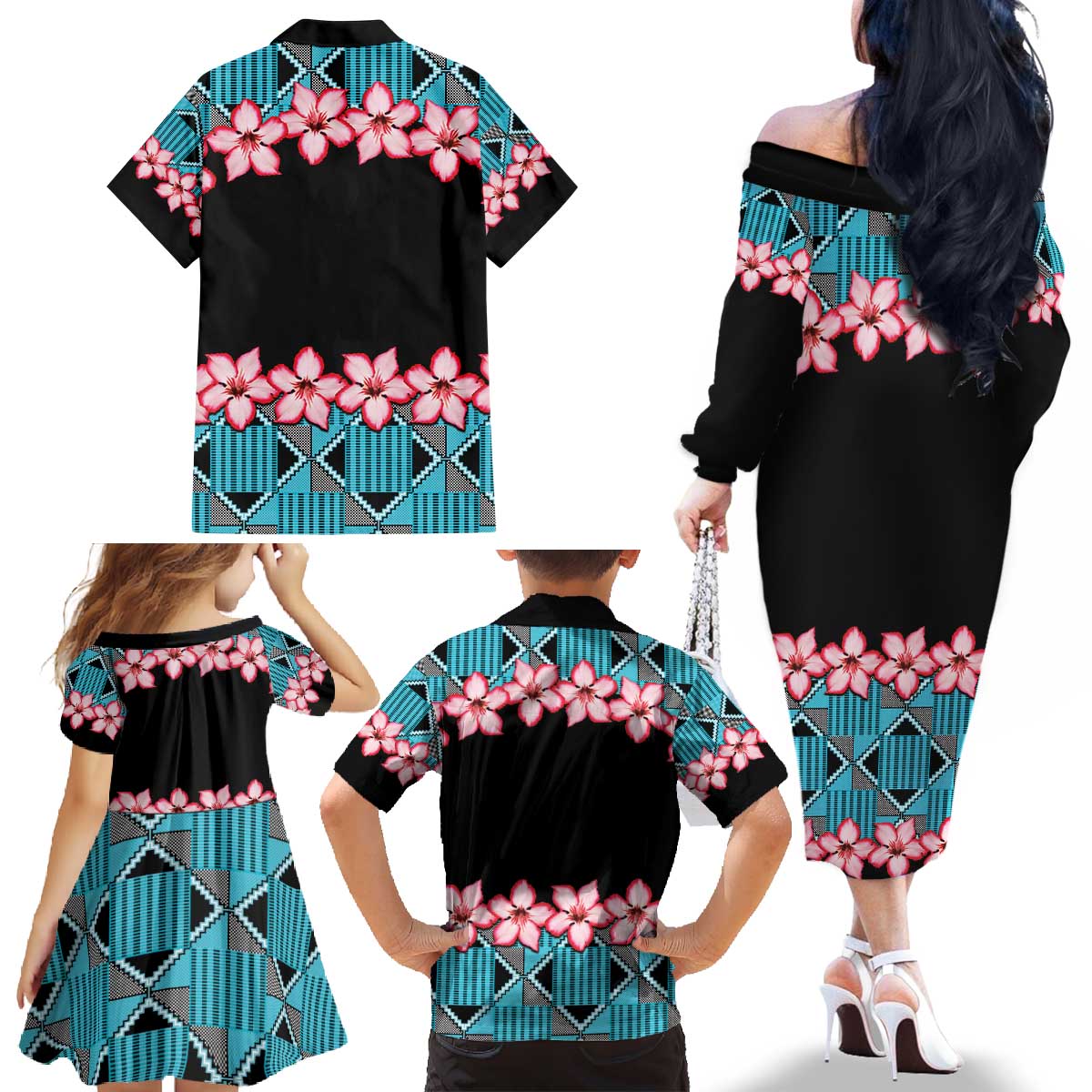 African Adenium Multiflorum Flowers Family Matching Off The Shoulder Long Sleeve Dress and Hawaiian Shirt with Kente Style - Wonder Print Shop