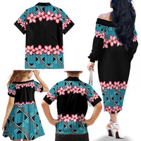 African Adenium Multiflorum Flowers Family Matching Off The Shoulder Long Sleeve Dress and Hawaiian Shirt with Kente Style - Wonder Print Shop