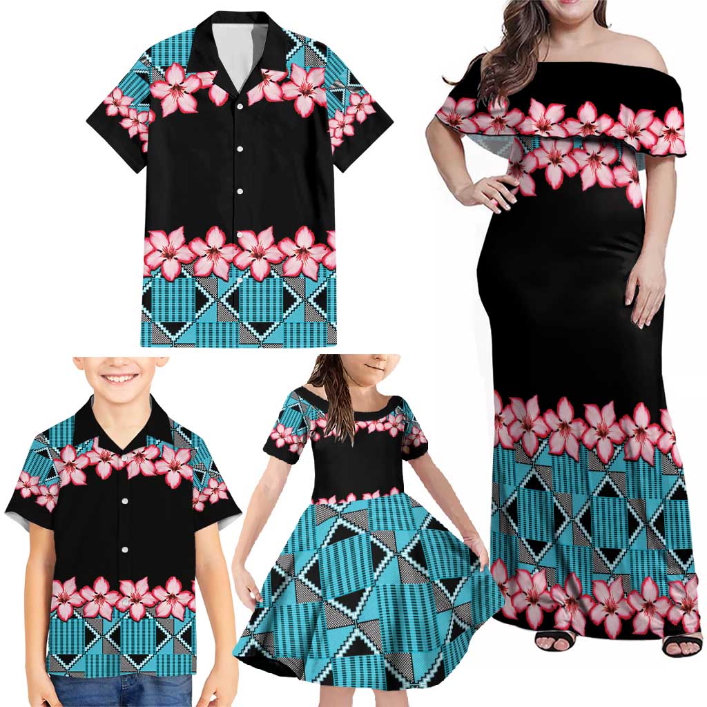 African Adenium Multiflorum Flowers Family Matching Off Shoulder Maxi Dress and Hawaiian Shirt with Kente Style LT9 - Wonder Print Shop