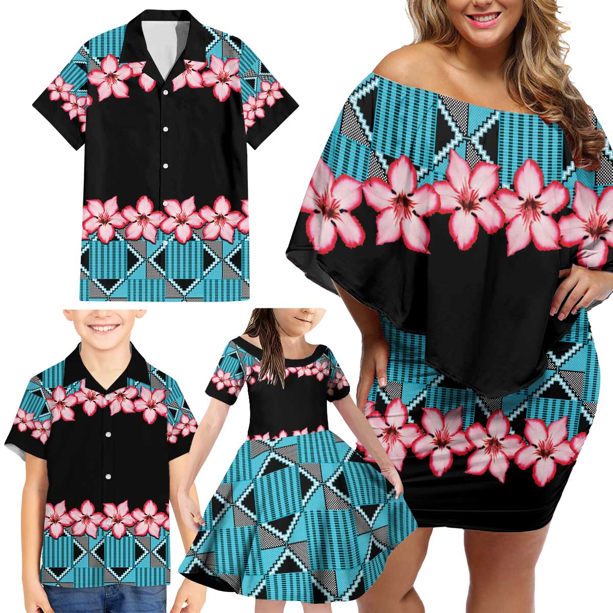 African Adenium Multiflorum Flowers Family Matching Off Shoulder Short Dress and Hawaiian Shirt with Kente Style LT9 - Wonder Print Shop