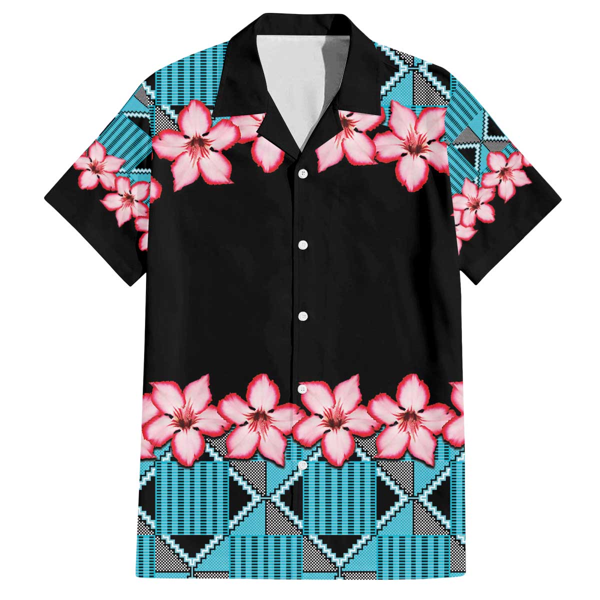 African Adenium Multiflorum Flowers Family Matching Off Shoulder Short Dress and Hawaiian Shirt with Kente Style LT9 - Wonder Print Shop