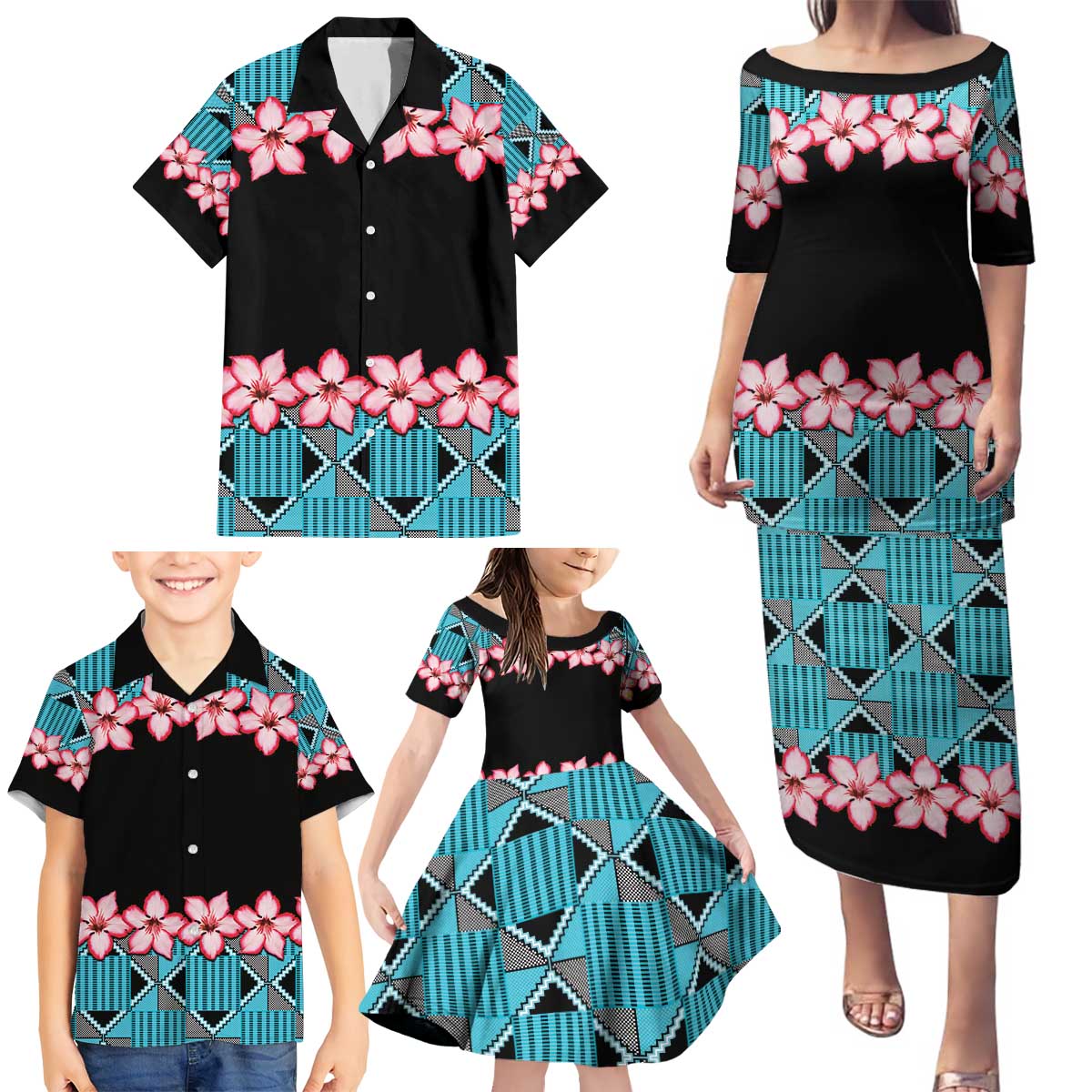 African Adenium Multiflorum Flowers Family Matching Puletasi and Hawaiian Shirt with Kente Style - Wonder Print Shop
