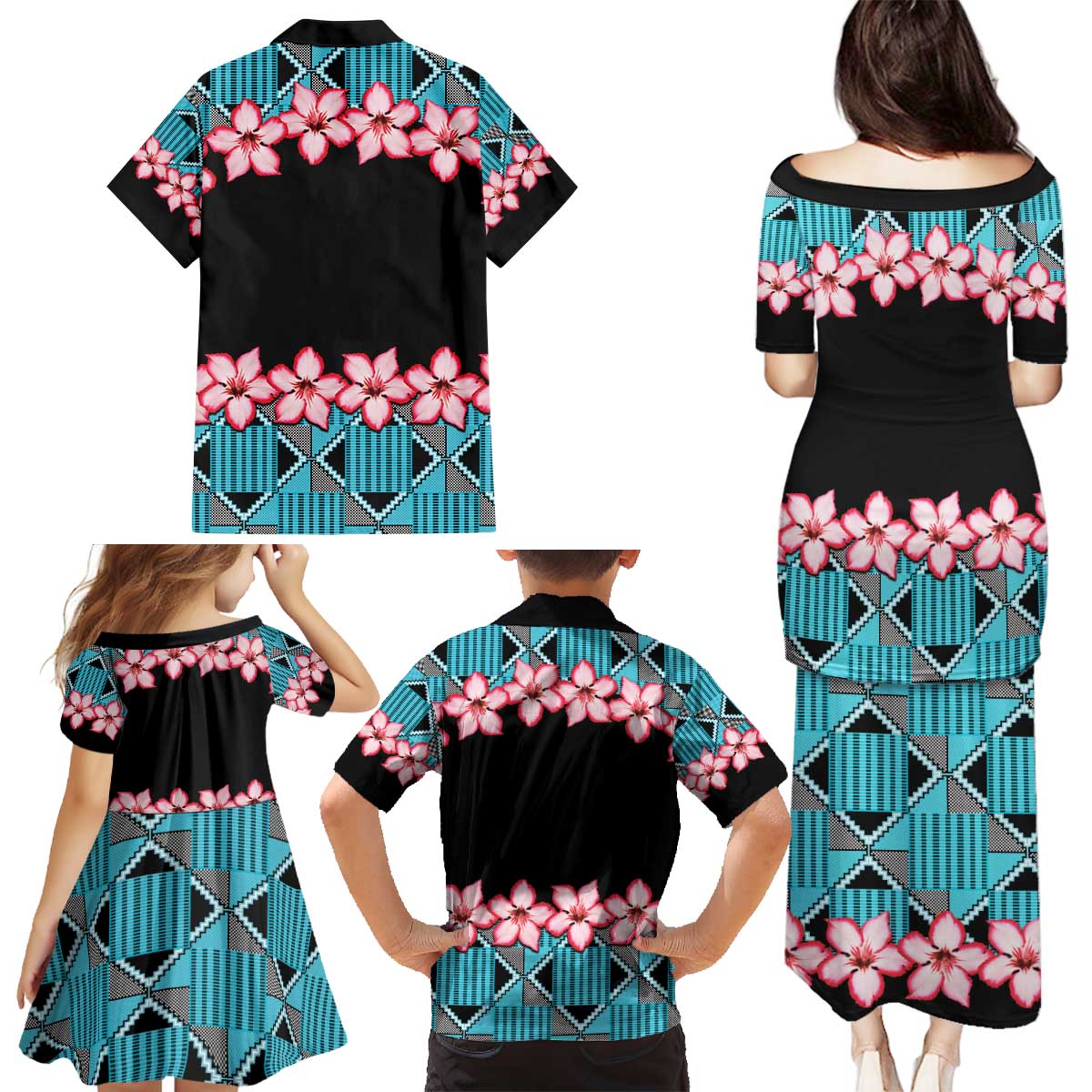 African Adenium Multiflorum Flowers Family Matching Puletasi and Hawaiian Shirt with Kente Style - Wonder Print Shop