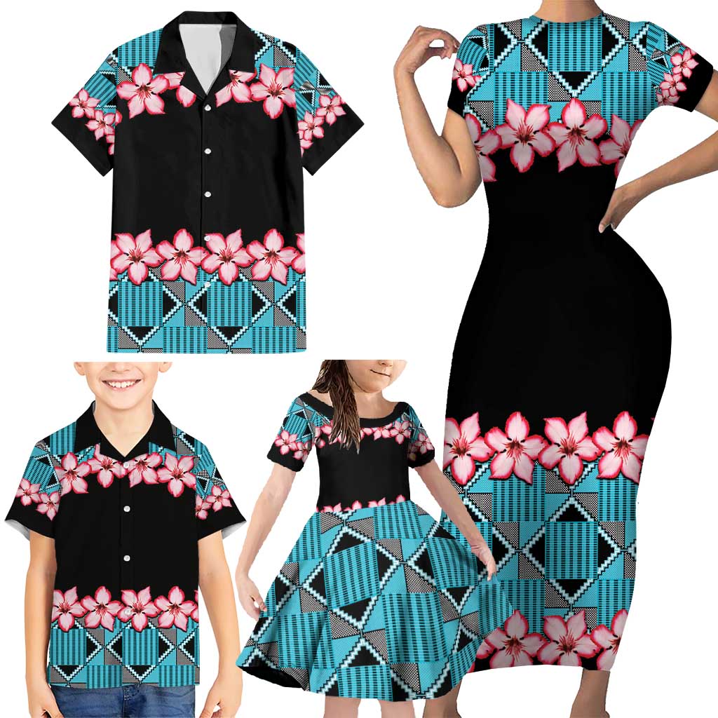 African Adenium Multiflorum Flowers Family Matching Short Sleeve Bodycon Dress and Hawaiian Shirt with Kente Style - Wonder Print Shop