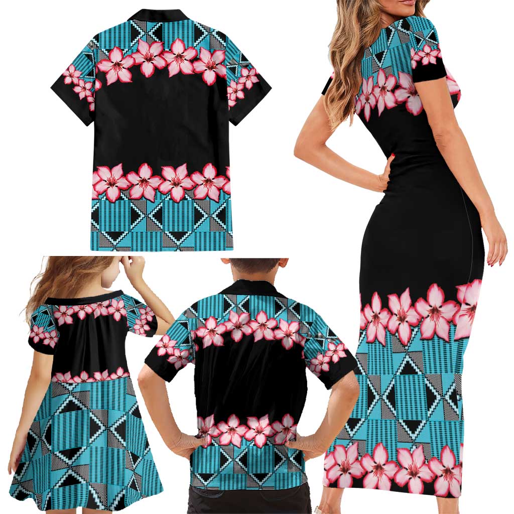 African Adenium Multiflorum Flowers Family Matching Short Sleeve Bodycon Dress and Hawaiian Shirt with Kente Style - Wonder Print Shop