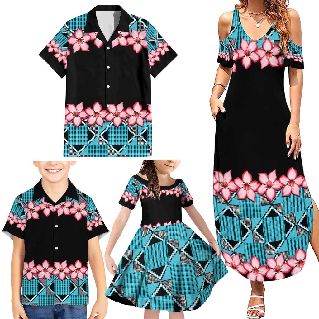 African Adenium Multiflorum Flowers Family Matching Summer Maxi Dress and Hawaiian Shirt with Kente Style - Wonder Print Shop