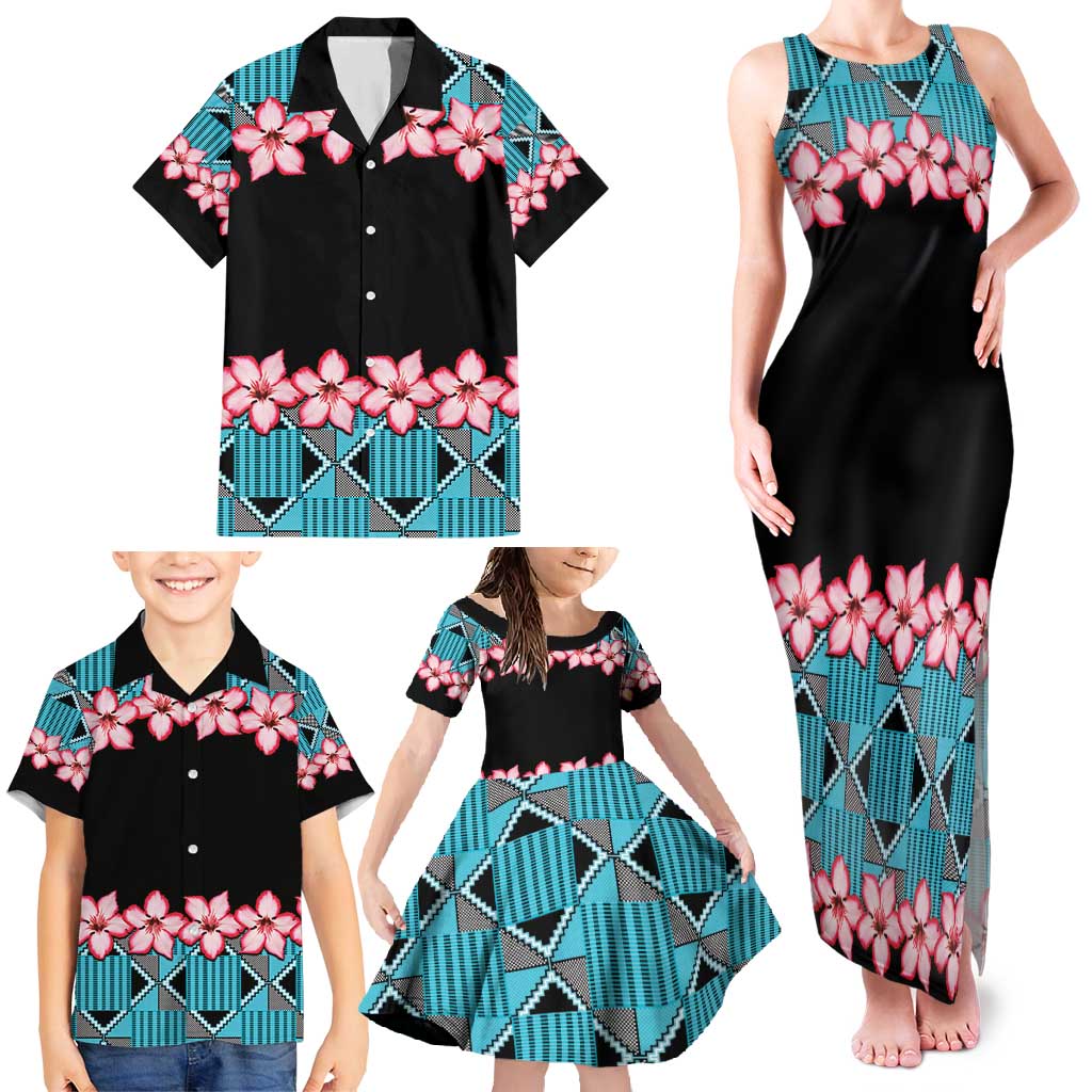 African Adenium Multiflorum Flowers Family Matching Tank Maxi Dress and Hawaiian Shirt with Kente Style - Wonder Print Shop