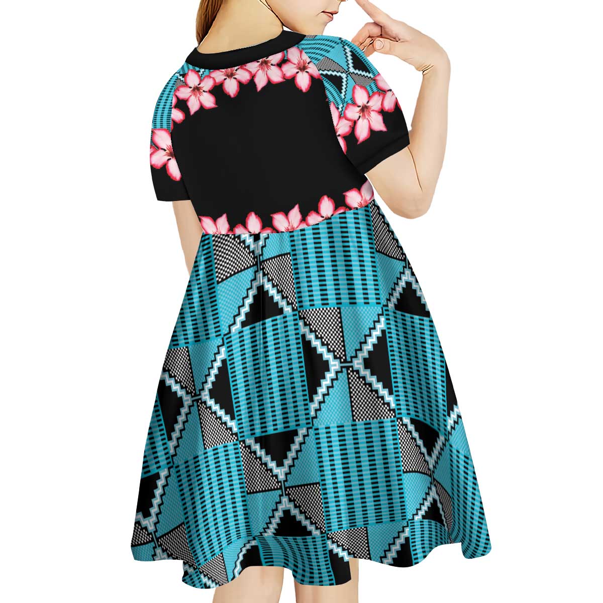 African Adenium Multiflorum Flowers Kid Short Sleeve Dress with Kente Style - Wonder Print Shop