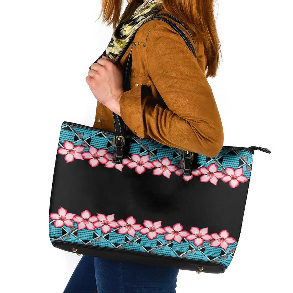 African Adenium Multiflorum Flowers Leather Tote Bag with Kente Style - Wonder Print Shop