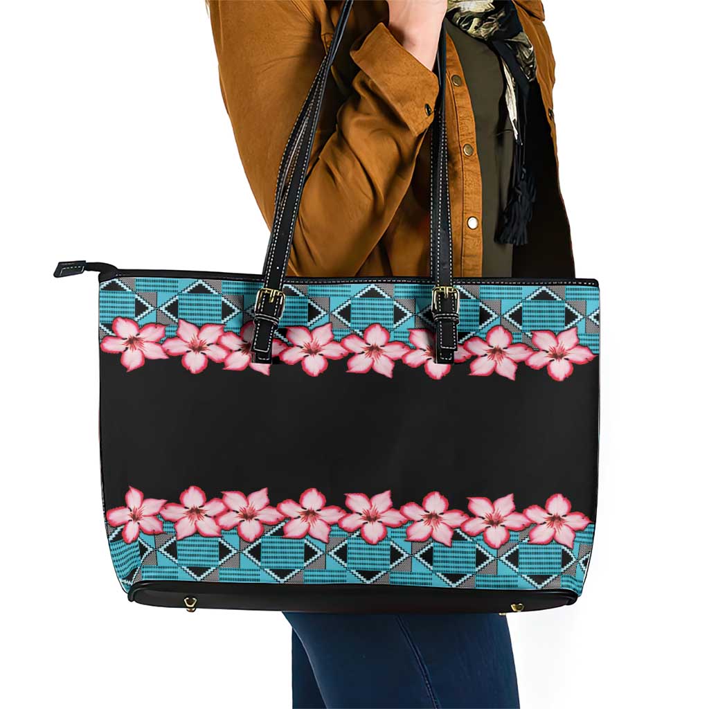 African Adenium Multiflorum Flowers Leather Tote Bag with Kente Style - Wonder Print Shop