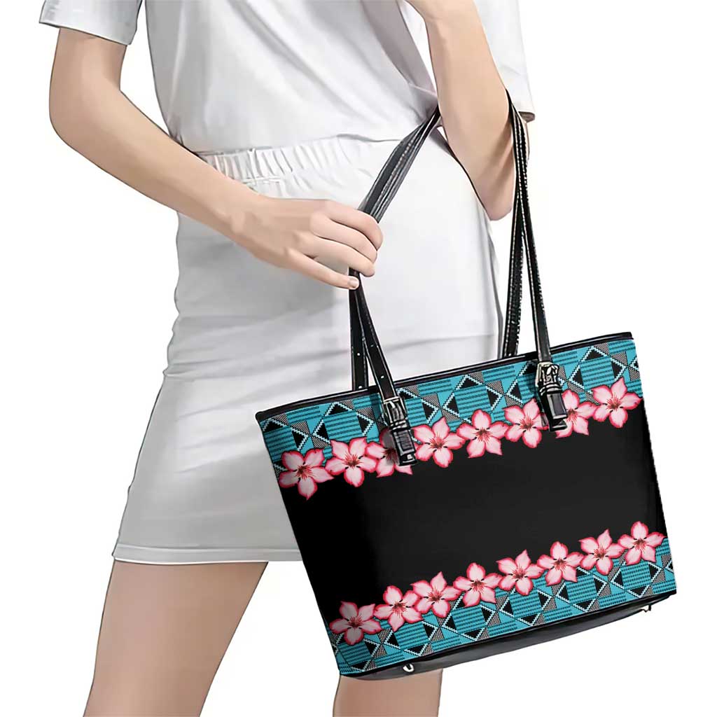 African Adenium Multiflorum Flowers Leather Tote Bag with Kente Style - Wonder Print Shop