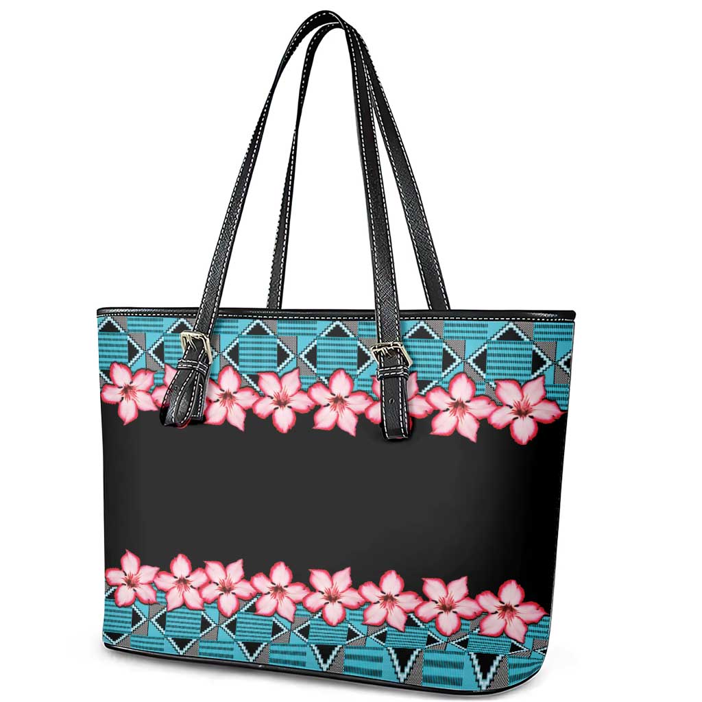 African Adenium Multiflorum Flowers Leather Tote Bag with Kente Style - Wonder Print Shop