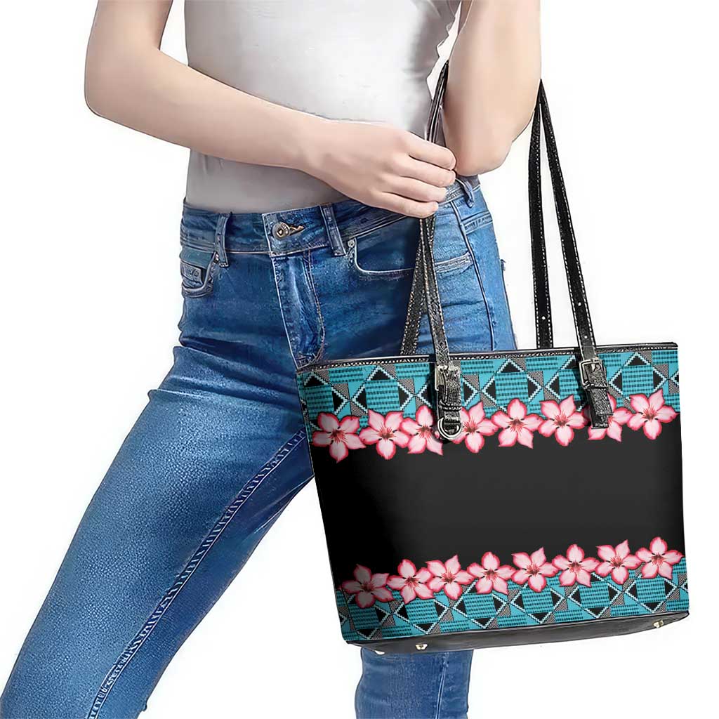 African Adenium Multiflorum Flowers Leather Tote Bag with Kente Style - Wonder Print Shop