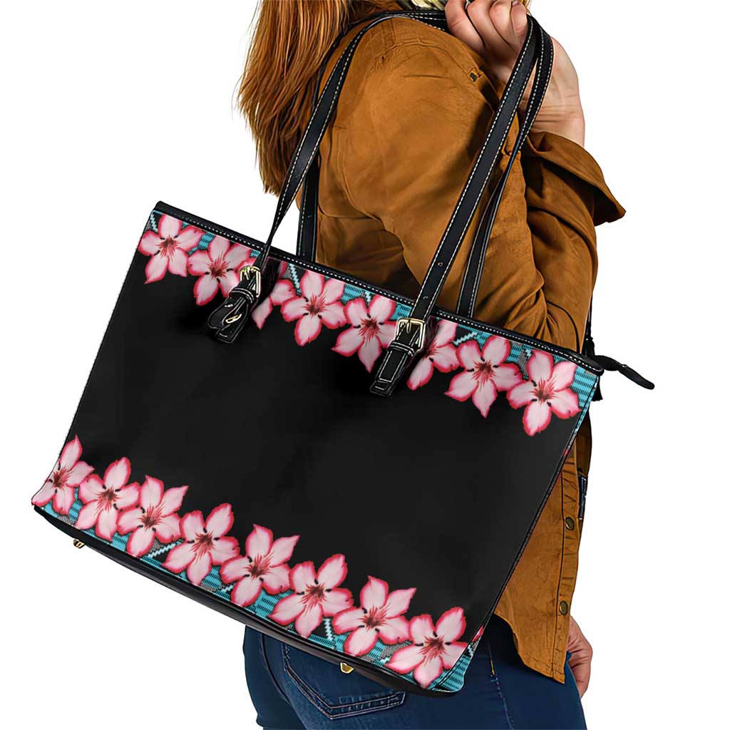 African Adenium Multiflorum Flowers Leather Tote Bag with Kente Style - Wonder Print Shop