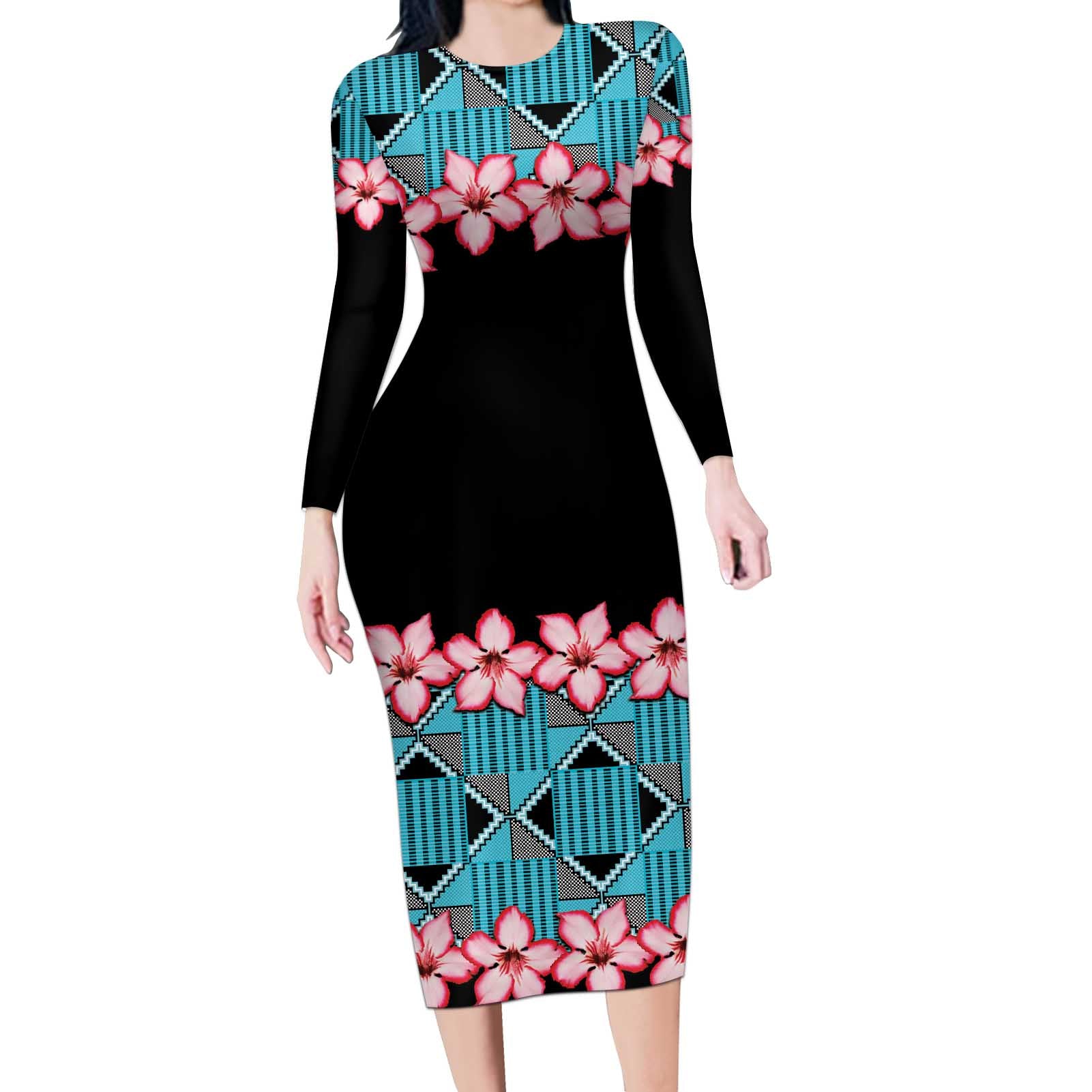 African Adenium Multiflorum Flowers Long Sleeve Bodycon Dress with Kente Style - Wonder Print Shop