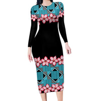 African Adenium Multiflorum Flowers Long Sleeve Bodycon Dress with Kente Style - Wonder Print Shop