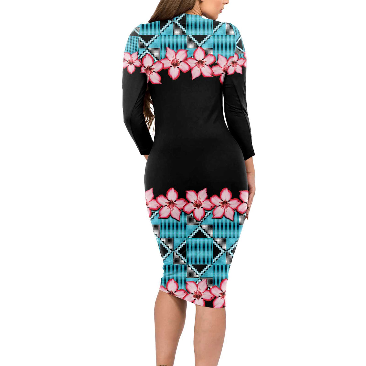African Adenium Multiflorum Flowers Long Sleeve Bodycon Dress with Kente Style - Wonder Print Shop