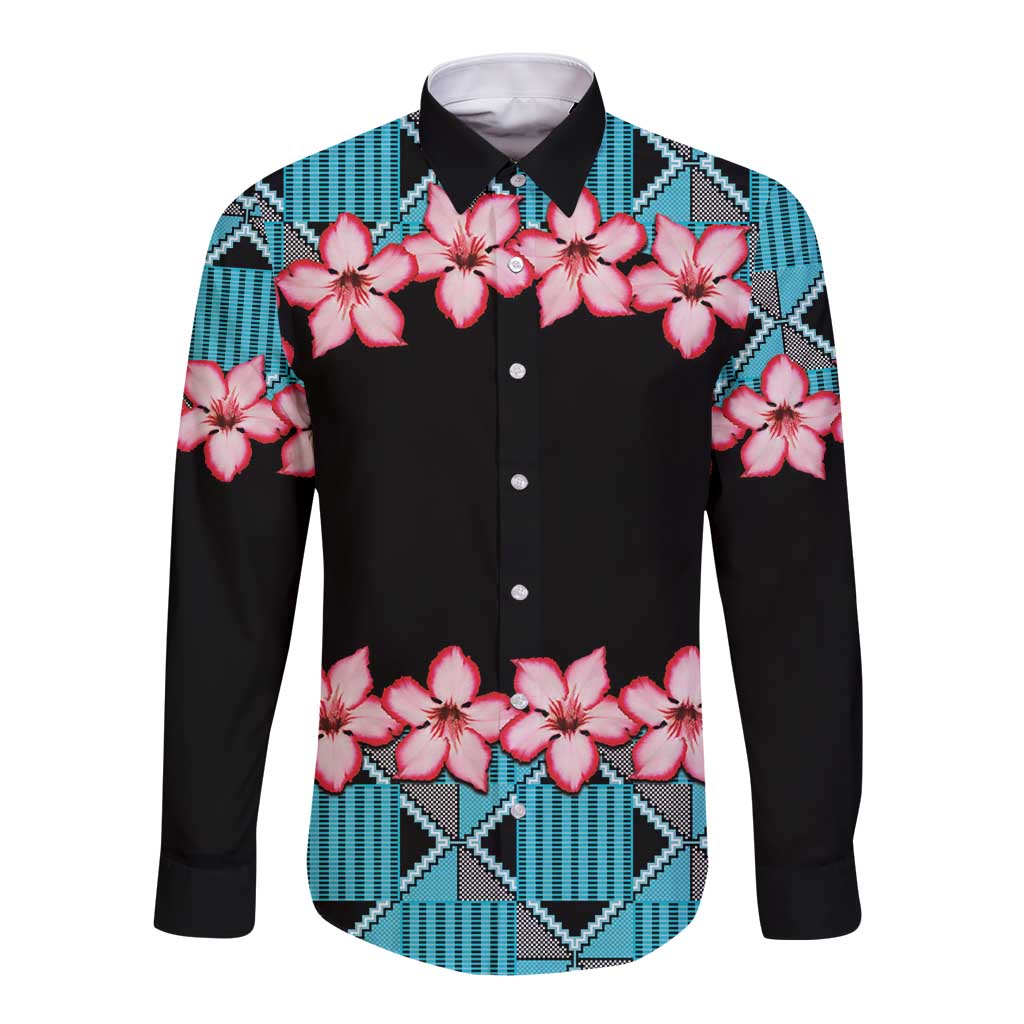 African Adenium Multiflorum Flowers Long Sleeve Button Shirt with Kente Style - Wonder Print Shop
