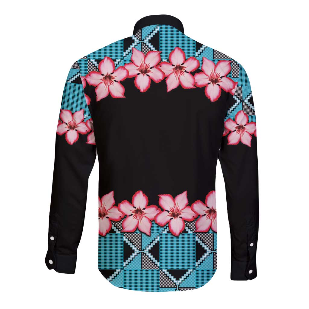 African Adenium Multiflorum Flowers Long Sleeve Button Shirt with Kente Style - Wonder Print Shop
