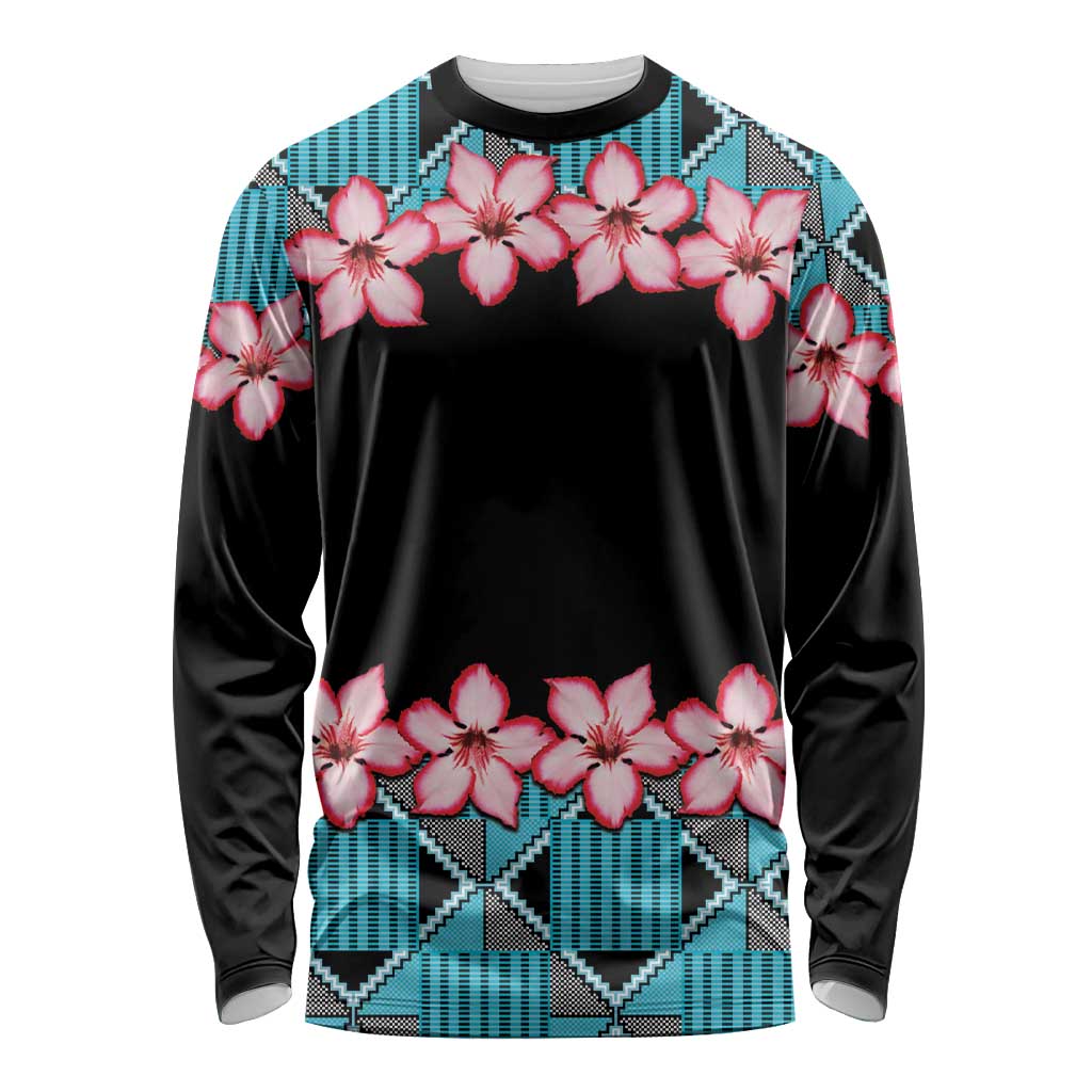 African Adenium Multiflorum Flowers Long Sleeve Shirt with Kente Style - Wonder Print Shop