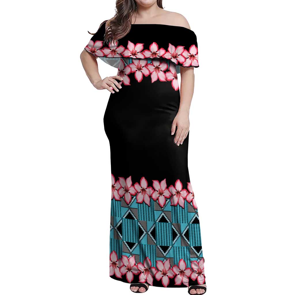 African Adenium Multiflorum Flowers Off Shoulder Maxi Dress with Kente Style - Wonder Print Shop