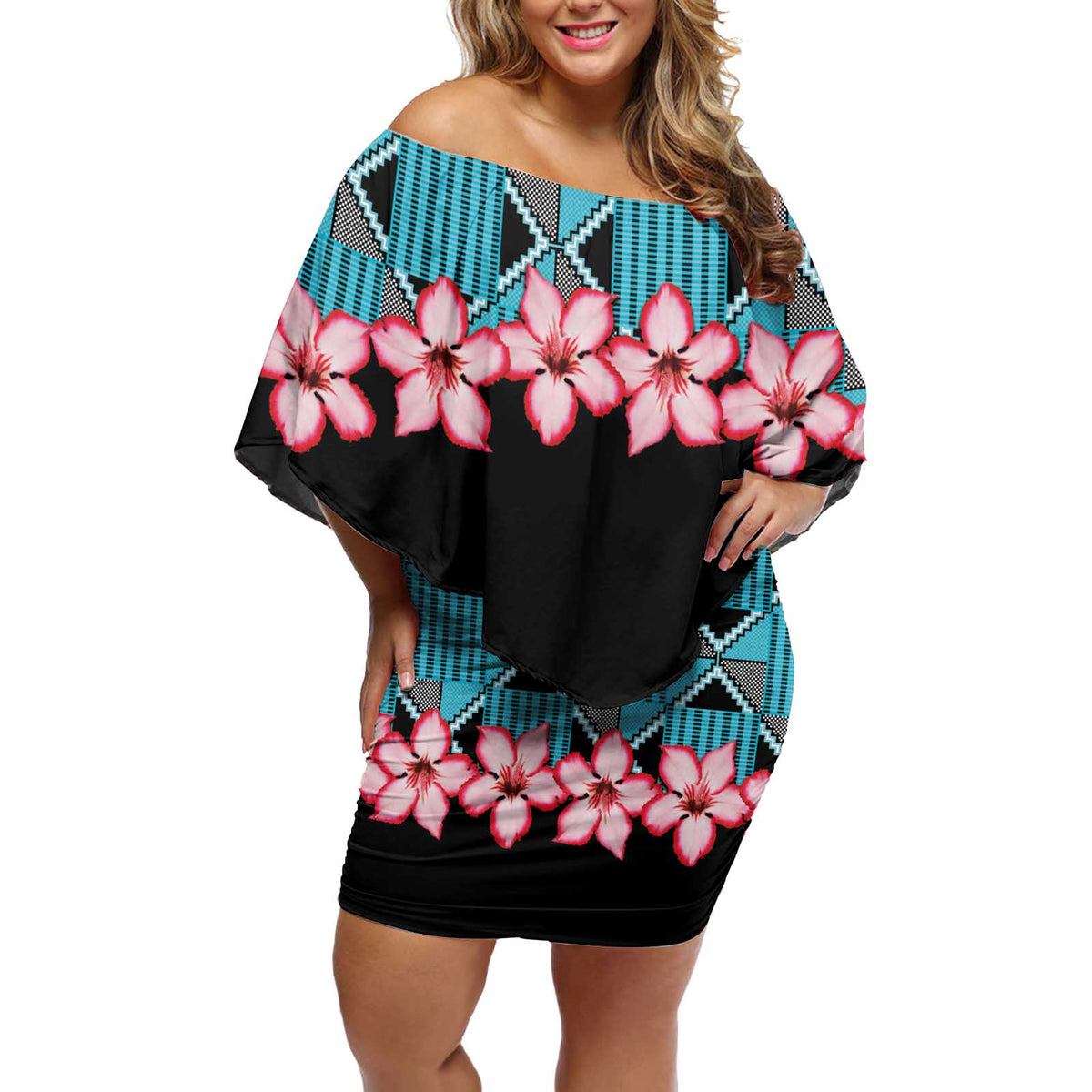 African Adenium Multiflorum Flowers Off Shoulder Short Dress with Kente Style - Wonder Print Shop