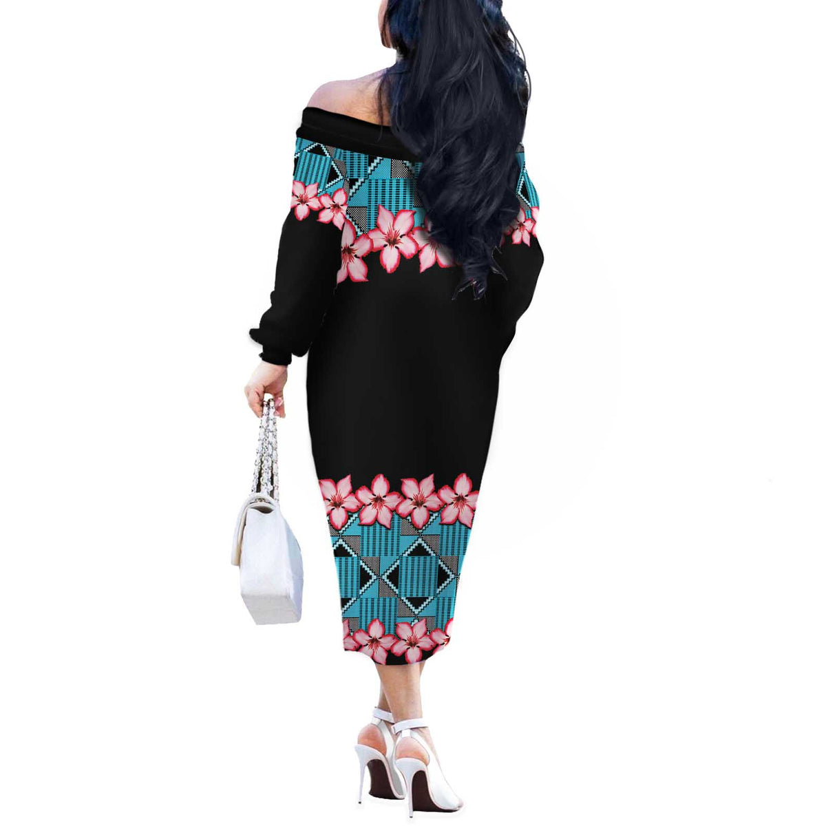 African Adenium Multiflorum Flowers Off The Shoulder Long Sleeve Dress with Kente Style - Wonder Print Shop