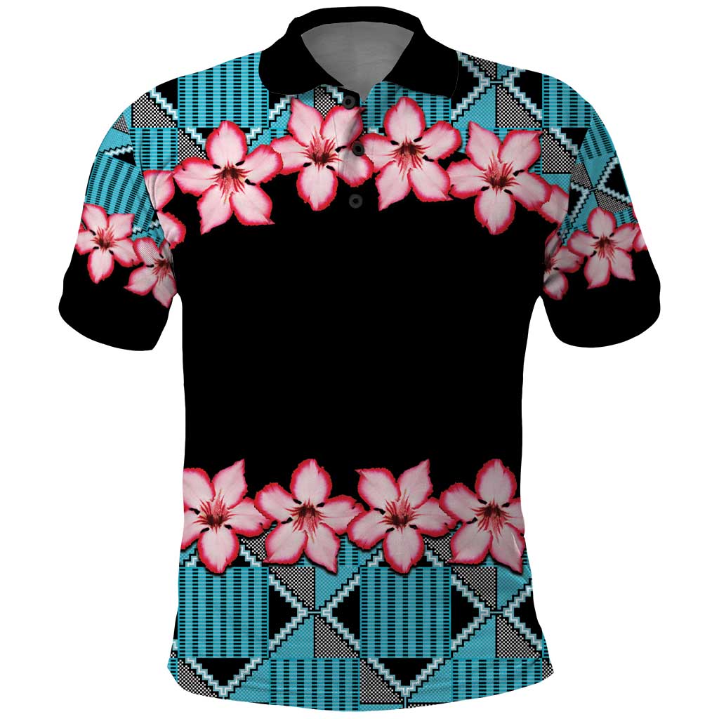 African Adenium Multiflorum Flowers Polo Shirt with Kente Style - Wonder Print Shop