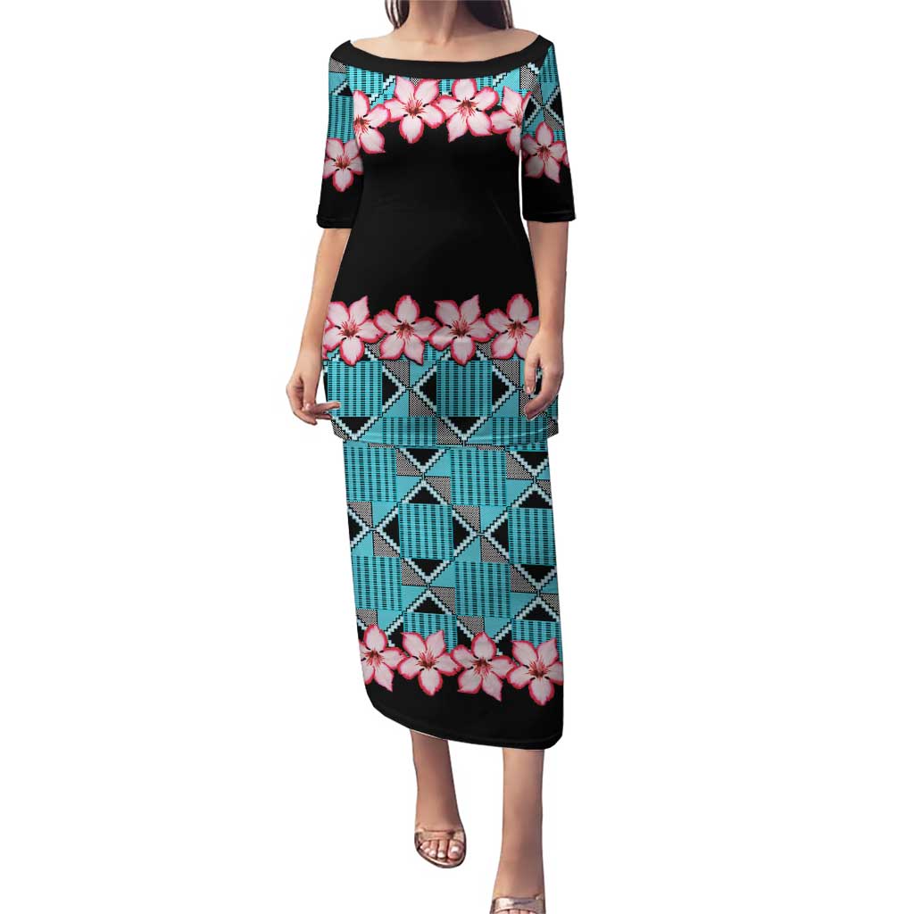 African Adenium Multiflorum Flowers Puletasi with Kente Style - Wonder Print Shop