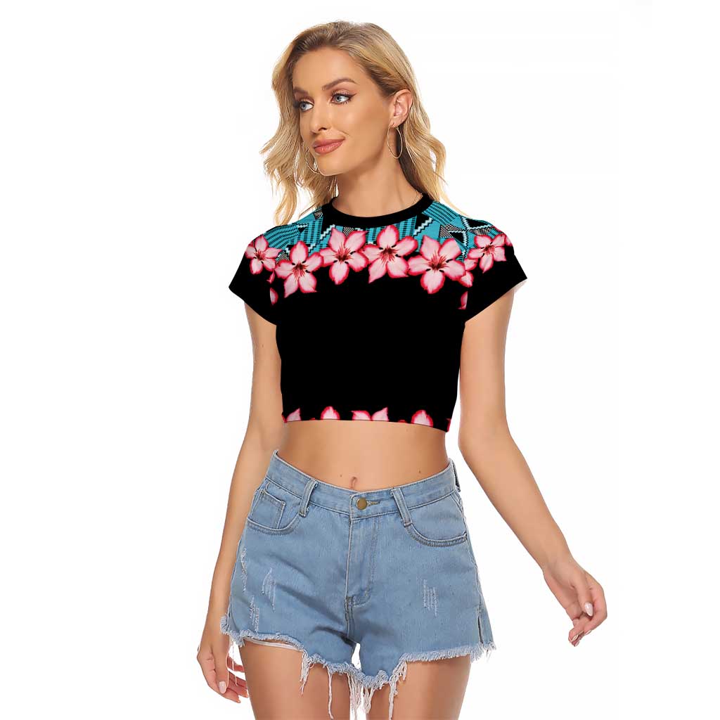 African Adenium Multiflorum Flowers Raglan Cropped T Shirt with Kente Style - Wonder Print Shop