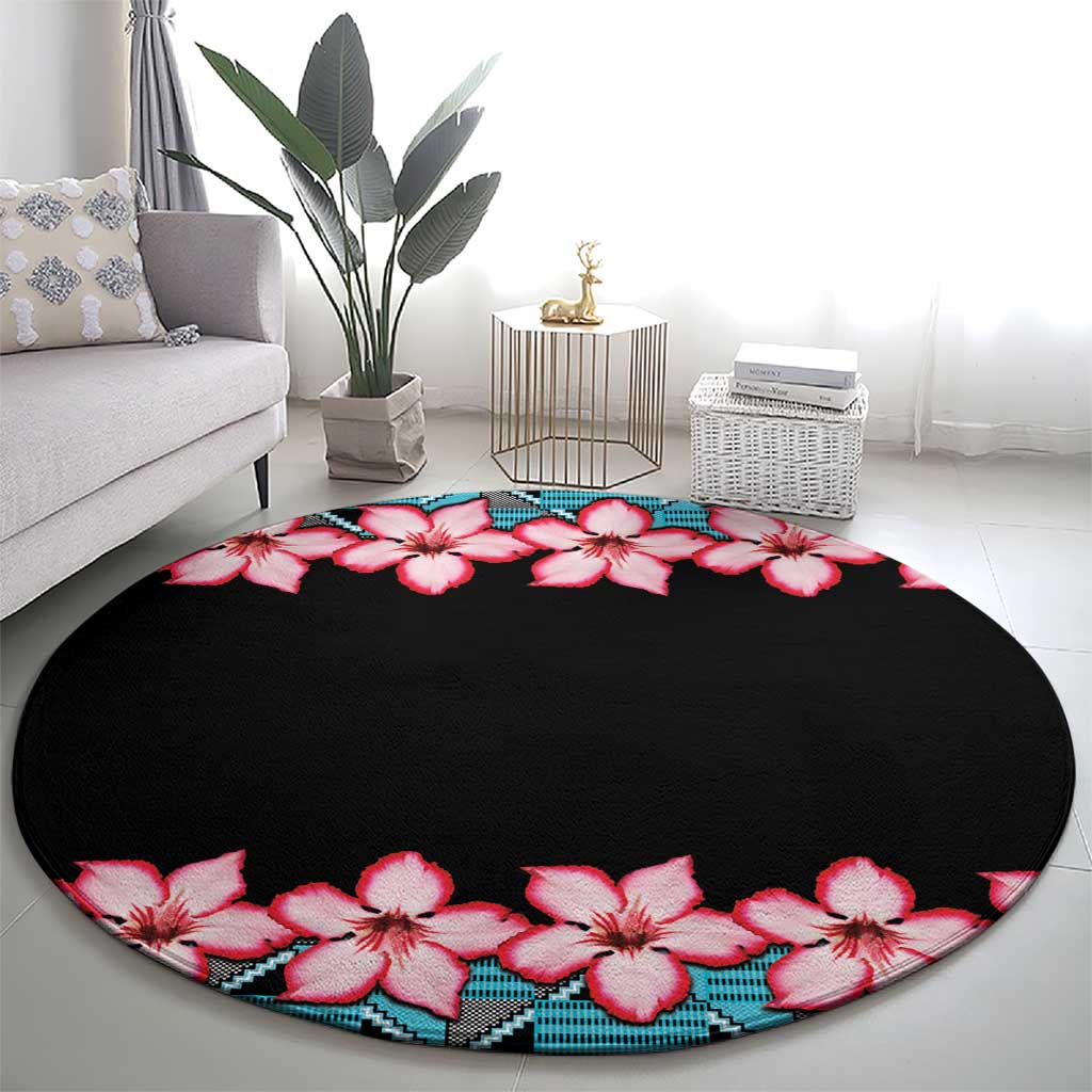 African Adenium Multiflorum Flowers Round Carpet with Kente Style