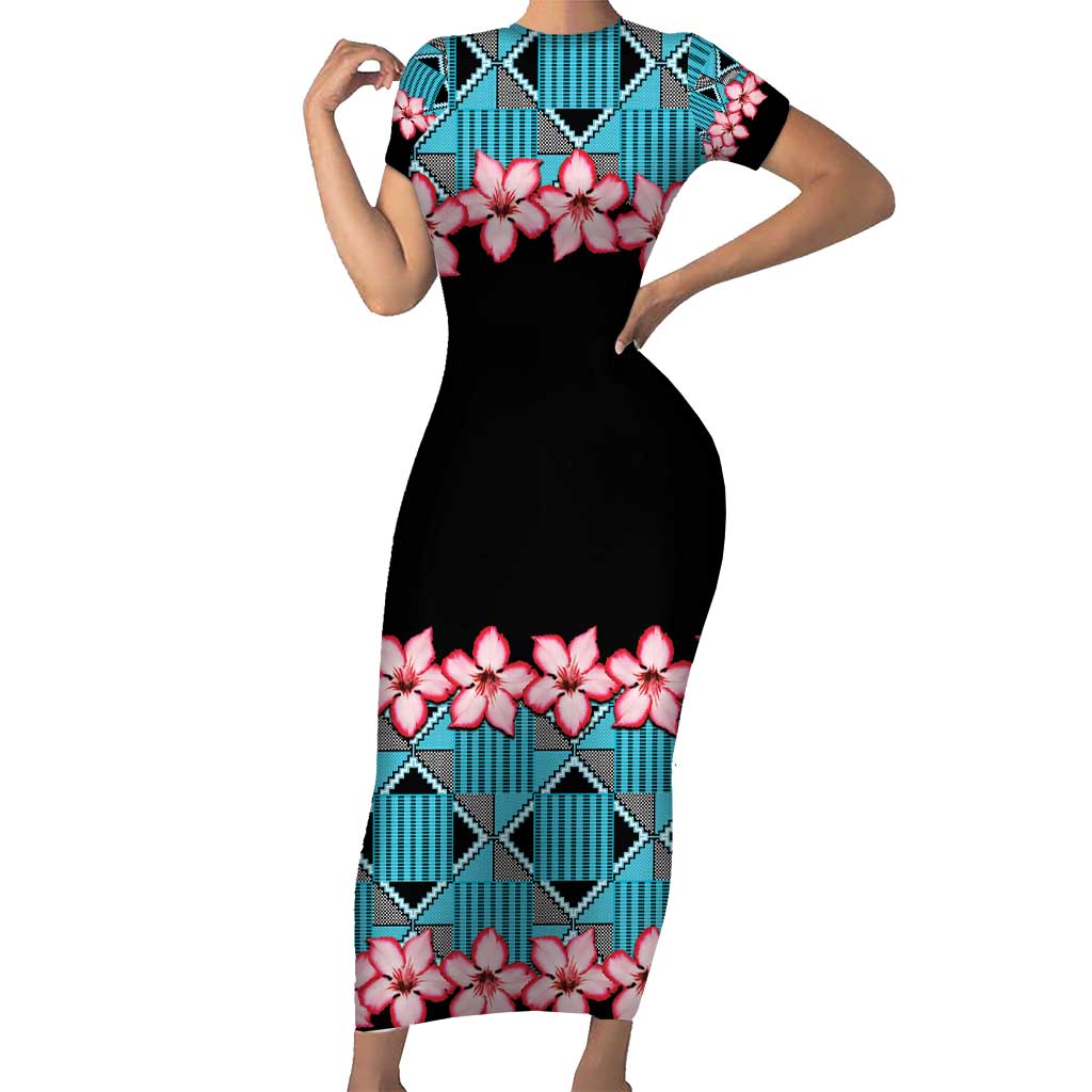 African Adenium Multiflorum Flowers Short Sleeve Bodycon Dress with Kente Style - Wonder Print Shop