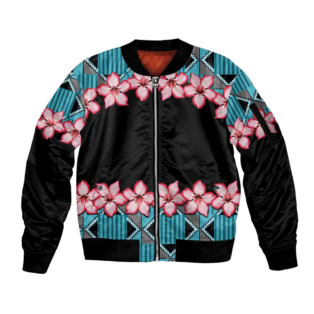 African Adenium Multiflorum Flowers Sleeve Zip Bomber Jacket with Kente Style - Wonder Print Shop
