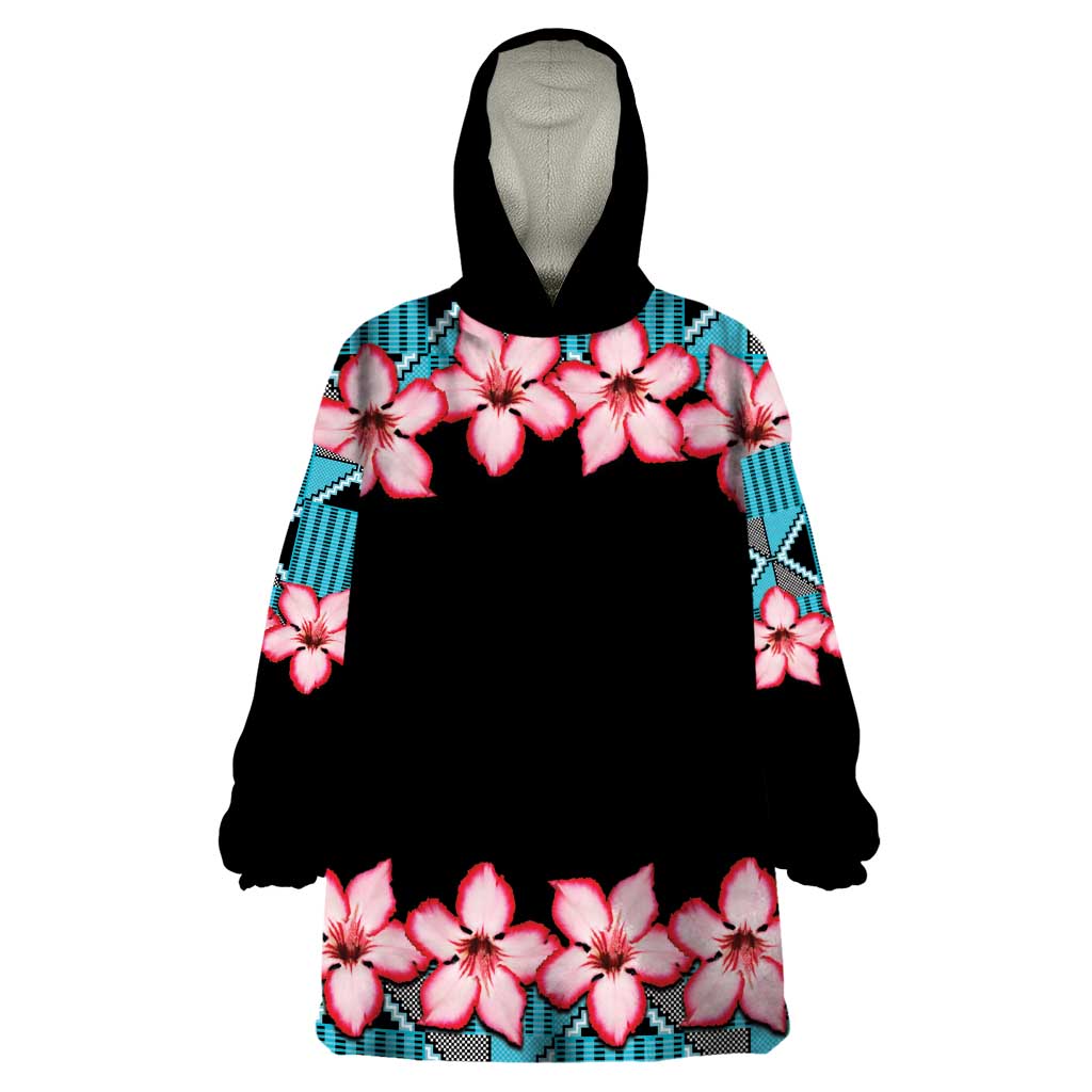 African Adenium Multiflorum Flowers Wearable Blanket Hoodie with Kente Style - Wonder Print Shop