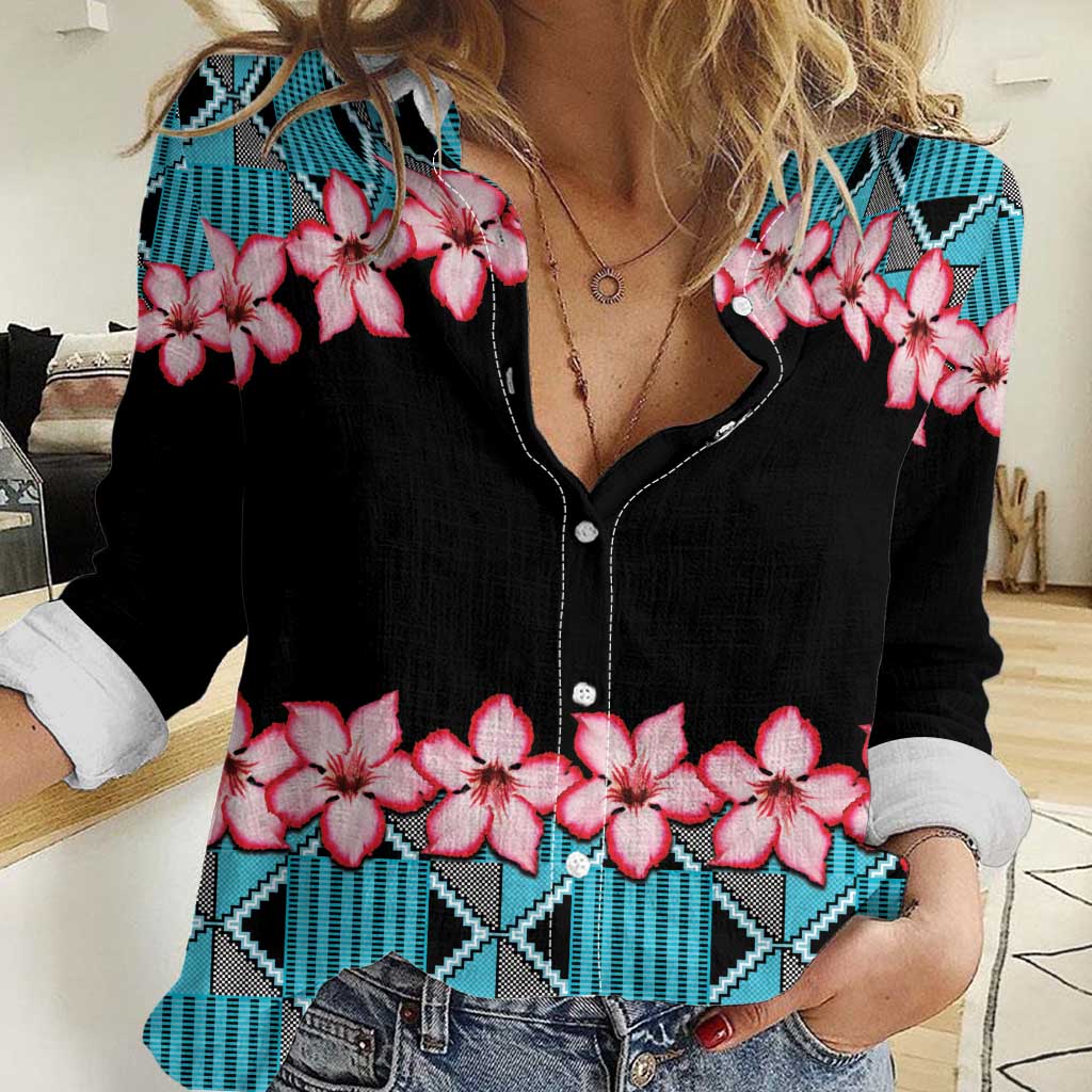 African Adenium Multiflorum Flowers Women Casual Shirt with Kente Style - Wonder Print Shop