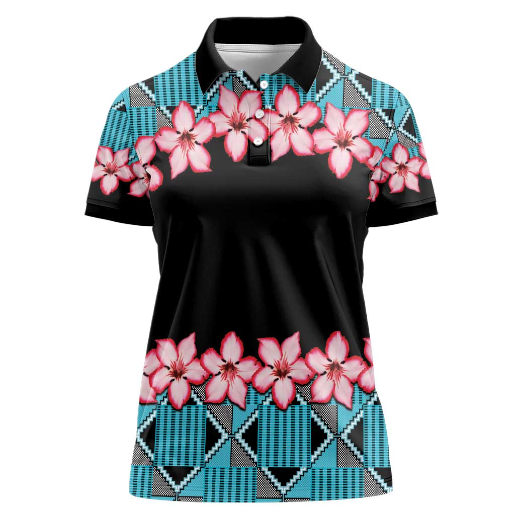 African Adenium Multiflorum Flowers Women Polo Shirt with Kente Style - Wonder Print Shop