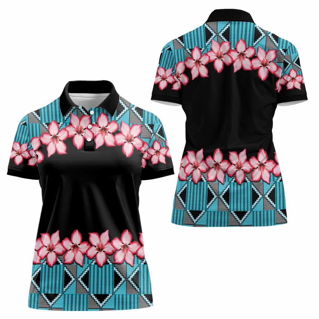 African Adenium Multiflorum Flowers Women Polo Shirt with Kente Style - Wonder Print Shop