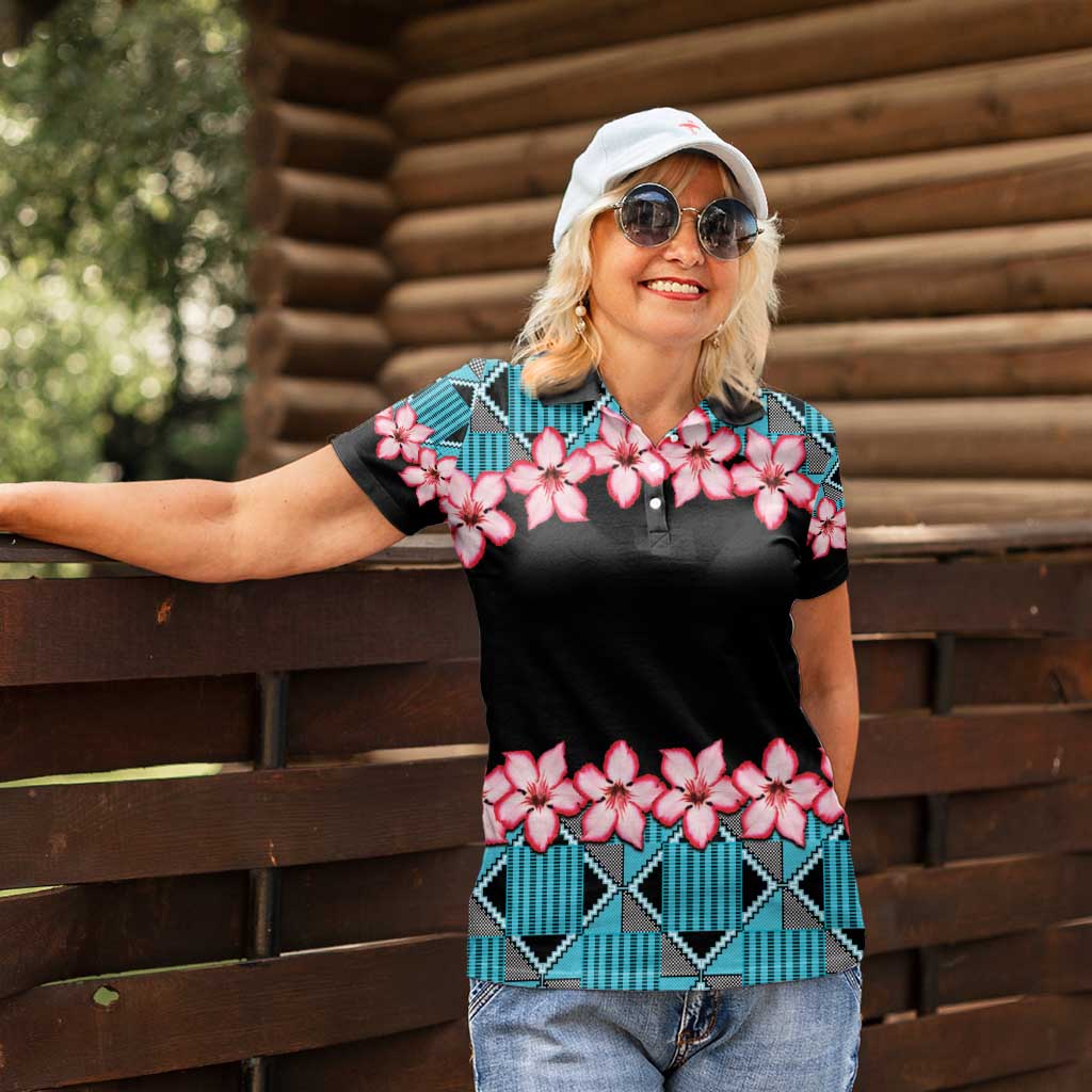 African Adenium Multiflorum Flowers Women Polo Shirt with Kente Style - Wonder Print Shop